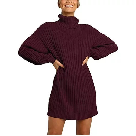 LBLOE Women s Turtleneck Long Lantern Sleeve Casual Loose Oversized Sweater Dress Soft Winter Pullover Dresses Wine | Walmart (US)