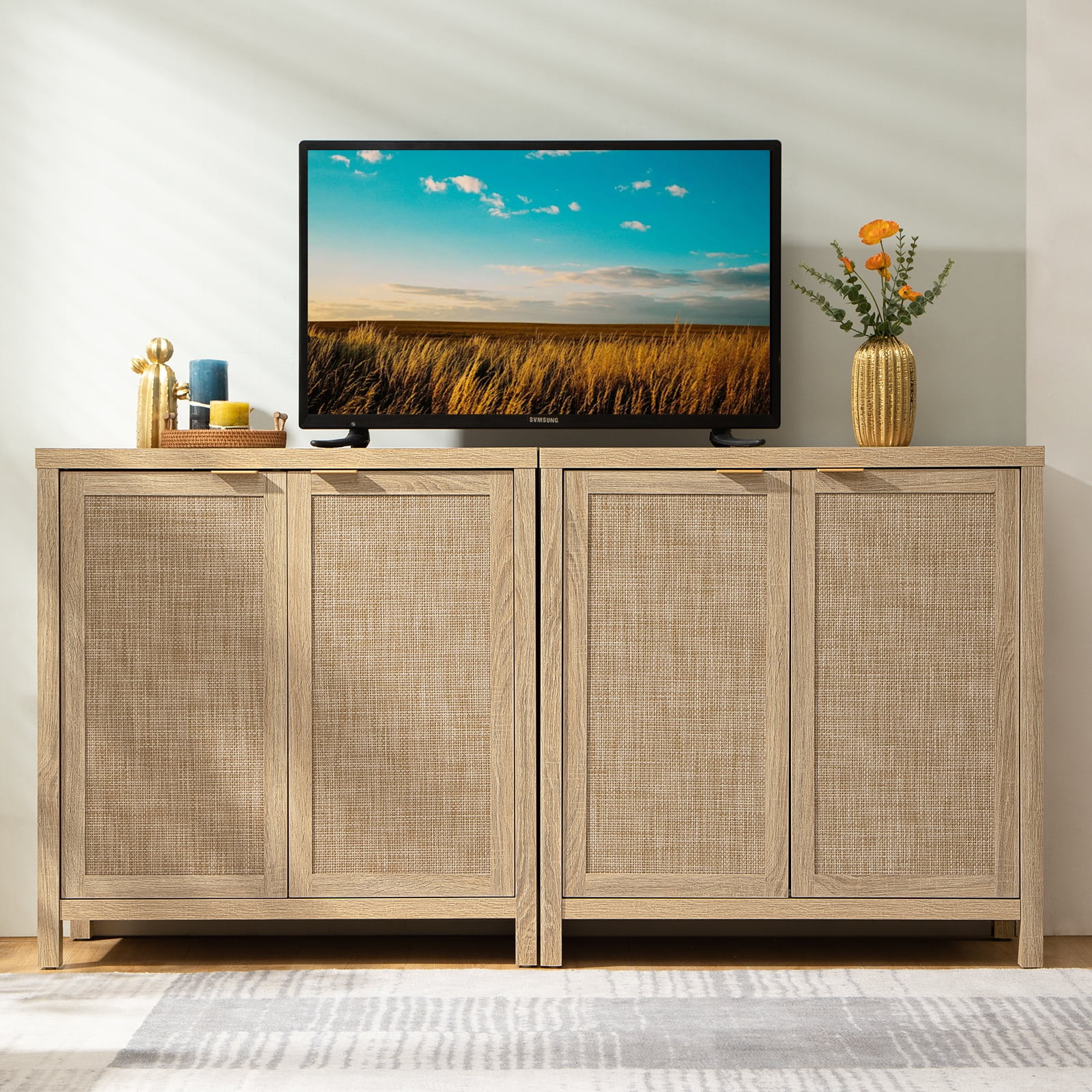 SICOTAS Modern Rattan Sideboard Buffet Cabinet Set of 2, Natural Kitchen Cupboard Farmhouse Sideb... | Walmart (US)