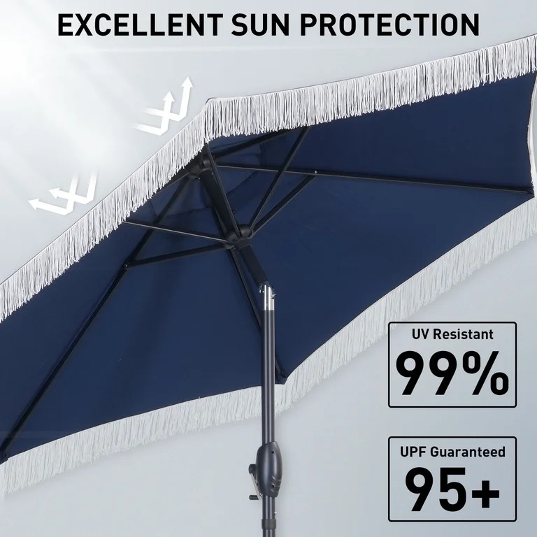 Autlaycil 7.5 ft Patio Umbrella with Fringe, Beach Pool and Yard, Navy Blue | Walmart (US)