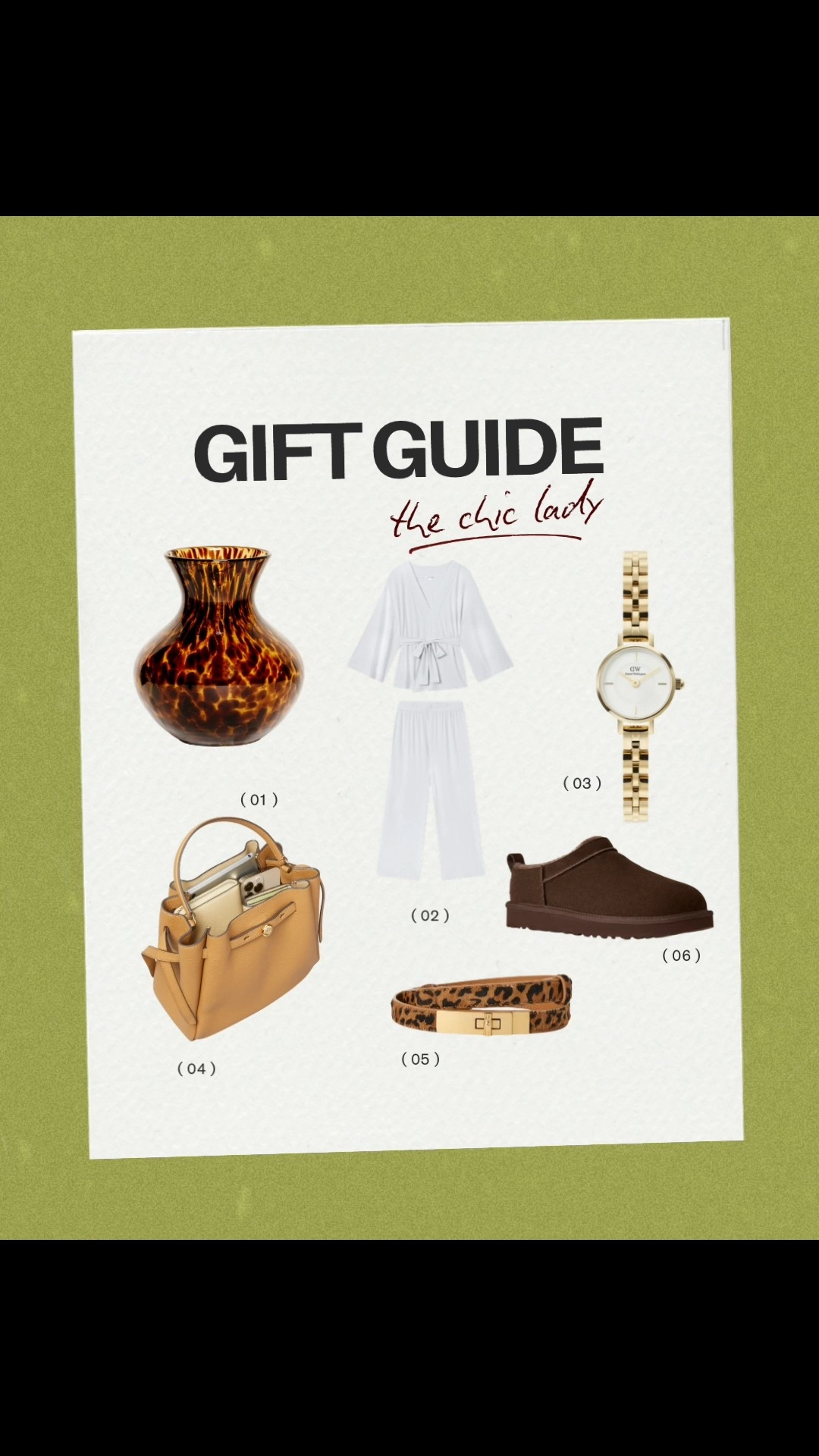 Chic gifts for her — cozy pajamas, tortoise vase, designer handbag, Ugg slippers, cheetah belt and timeless, petite watch 



#LTKHoliday #LTKGiftGuide