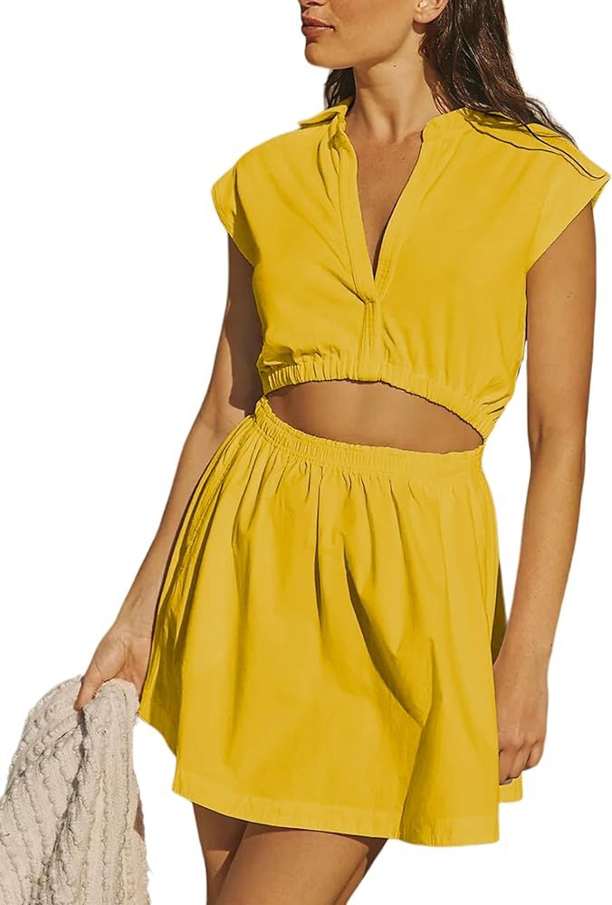 Summer Dresses for Women Casual Elegant Sleeveless V Neck Cutout Elastic Mini Dress | Amazon (US)