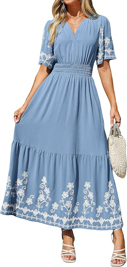 Simplee Women Summer Maxi Dress Formal Short Sleeve Embroidery Floral Boho Wedding Guest Tea Part... | Amazon (US)