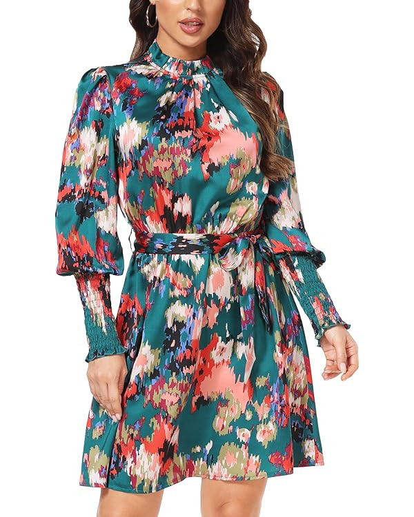 Women's Floral Dress Long Sleeve Mock Neck Fall Dresses for Women 2023 Casual Printed Short Dress | Amazon (US)