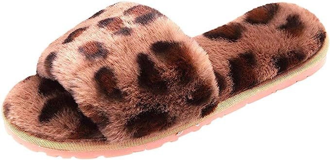 Dainzuy Womens Faux Fur Slippers Soft Plush Warm Leopard House Shoes Anti Slip Open Toe Indoor Ou... | Amazon (US)