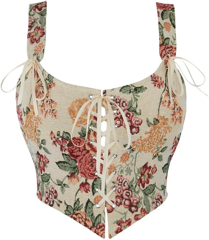 Dreay Womens Vintage Floral Print Grommet Lace Up Tie Front Corset Bustier Shapewear Top | Amazon (US)