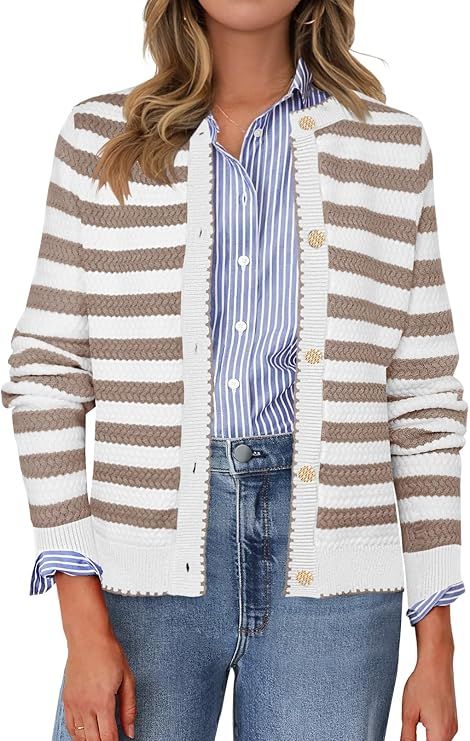 MEROKEETY Women's 2024 Striped Cardigan Sweater Open Front Long Sleeve Button Tweed Knit Fall Out... | Amazon (US)