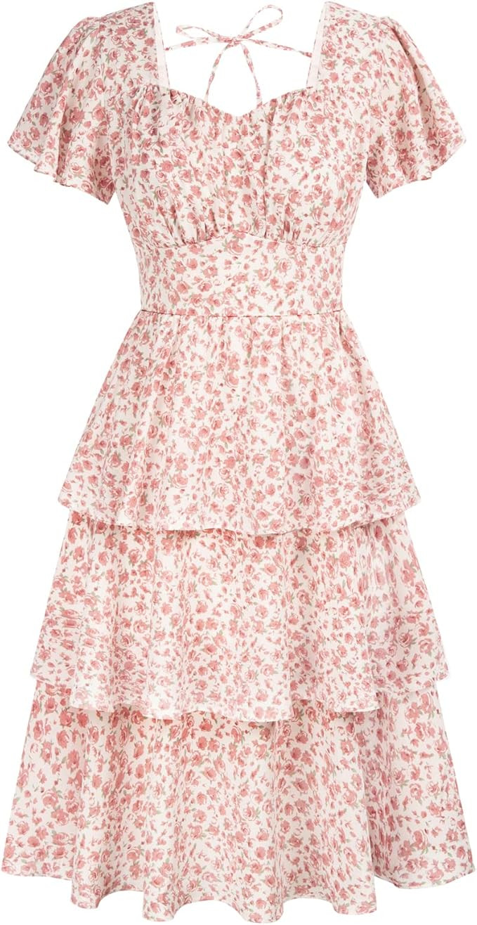Belle Poque Women's Vintage Square Neck Dress 2026 Summer Short Sleeve Layered Tiered Ruffle A-li... | Amazon (US)