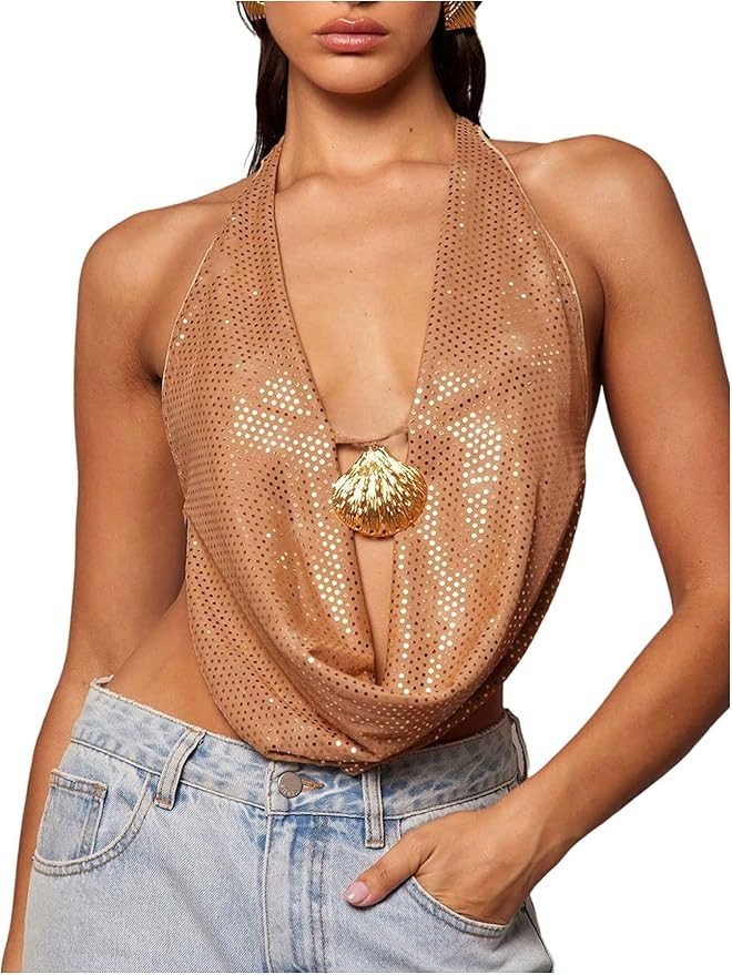 Floerns Women's Sparkly Sequin Draped Halter Top Y2k Deep V Neck Tie Backless Party Going Out Top... | Amazon (US)
