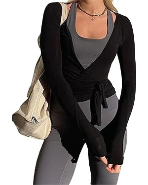 Women Wrap Tie Top Y2k Long SLeeve Ballet Workout Yoga Shirt Coquette Blouses | Amazon (US)