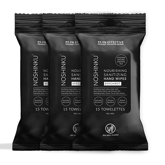 Noshinku – Bergamot Hand Sanitizer Wipes, 3-Pack (45 Towelettes) – Resealable Travel Wipes wi... | Amazon (US)