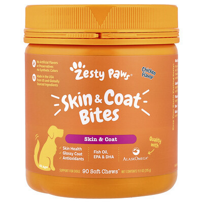Zesty Paws, Skin & Coat Bites, For Dogs, All Ages, Chicken, 90 Soft Chews, 11.1 oz (315 g) | iHerb