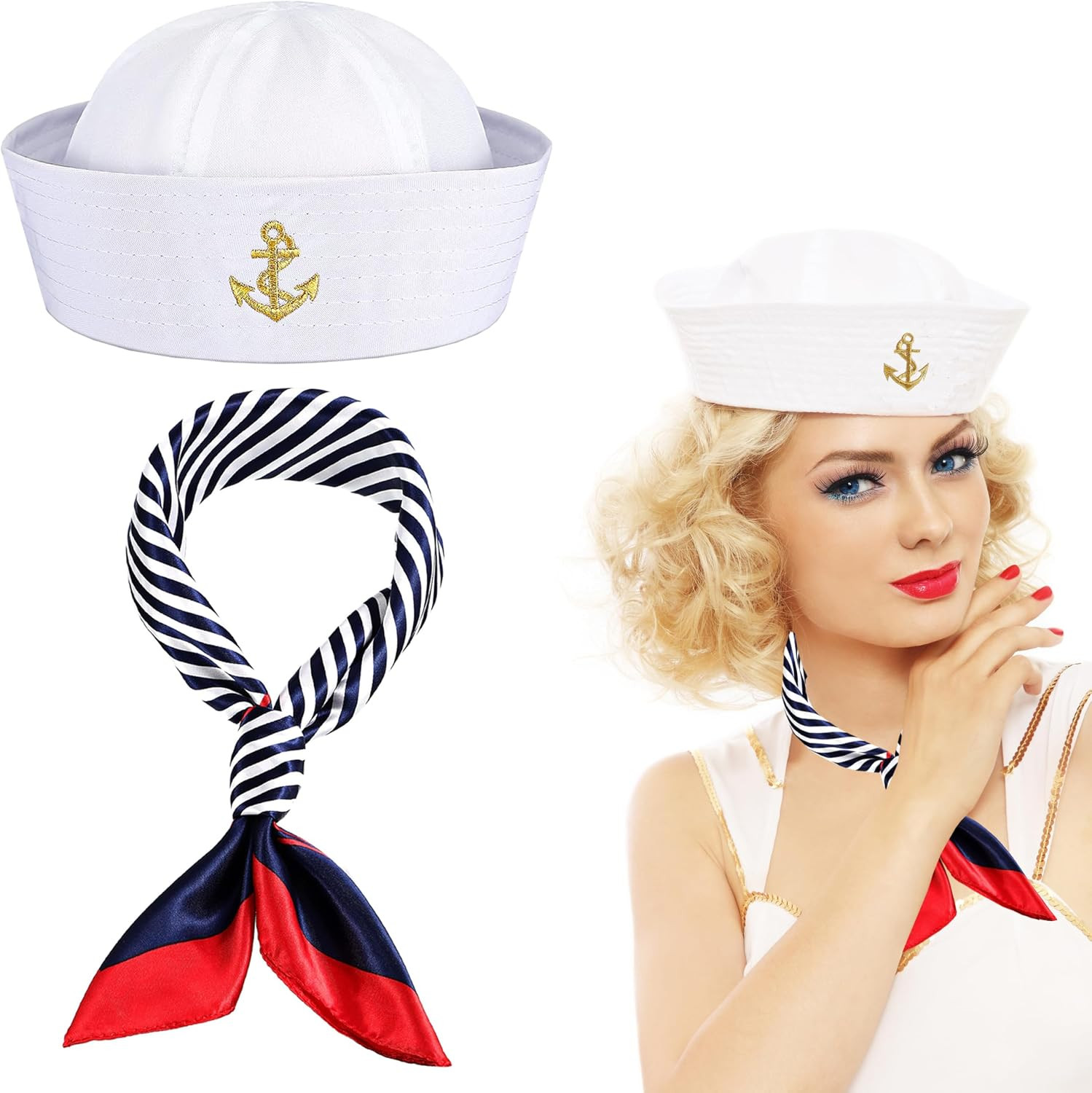 DPLin Silor Costume Yacht Captain Hat Sailor Ship Cap Boat Scarf Sunglasses For Men Women Captains Dressing up Party (White 2PCS) | Amazon (US)