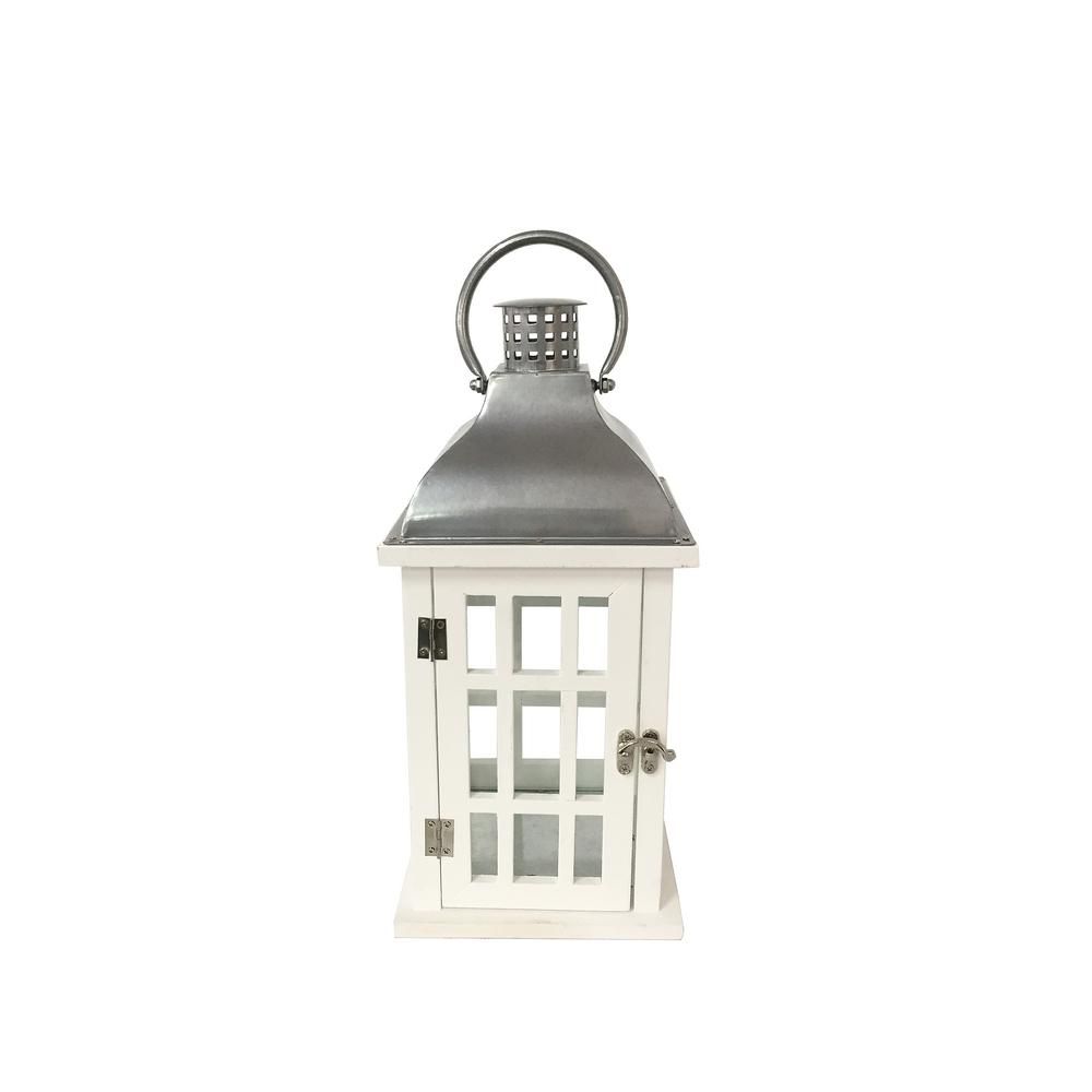 14 in. White Wood and Steel Lantern | The Home Depot