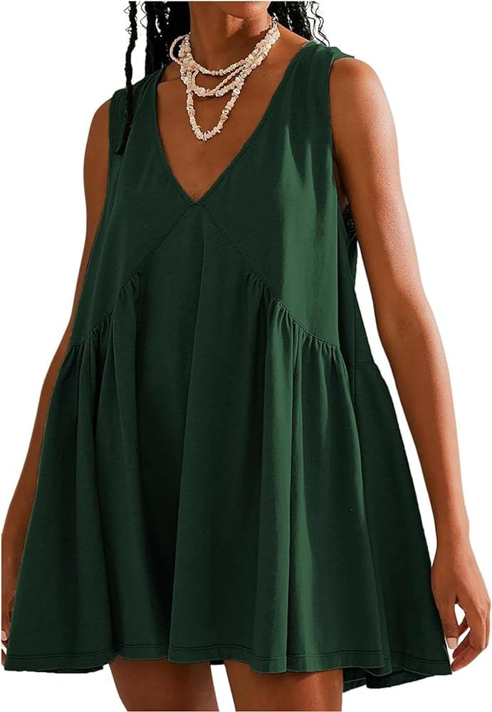 Women's V Neck Sleeveless Mini Dress Loose Summer Pleated Swing Flowy Sundress | Amazon (US)