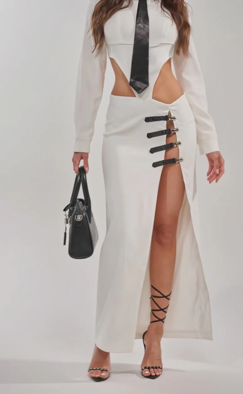 MAKE A STATEMENT CUTOUT MIDI DRESS WITH NECK TIE | AKIRA