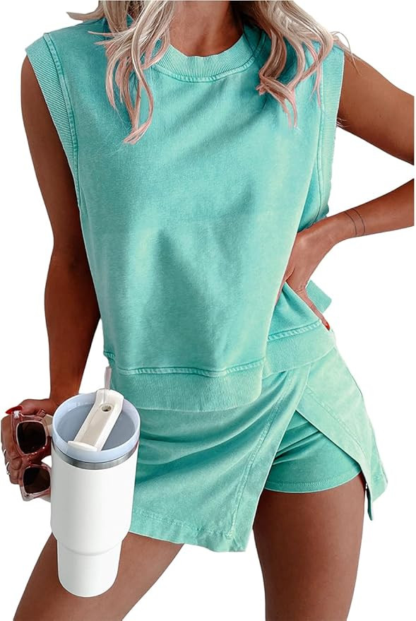 Women's Summer 2 Piece Sets Sweatsuits Casual Crewneck Sleeveless Matching Sets Trendy Skirt Shor... | Amazon (US)