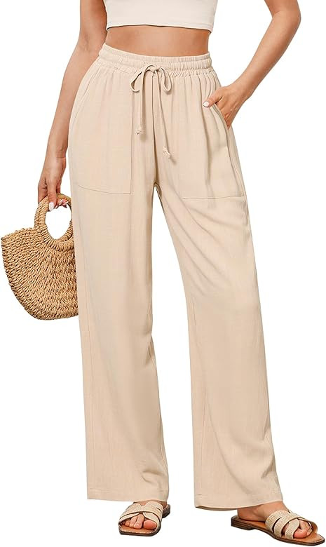GRAPENT Linen Pants for Women Wide Leg High Waisted Baggy Drawstring Elastic Waist Palazzo Trouse... | Amazon (US)