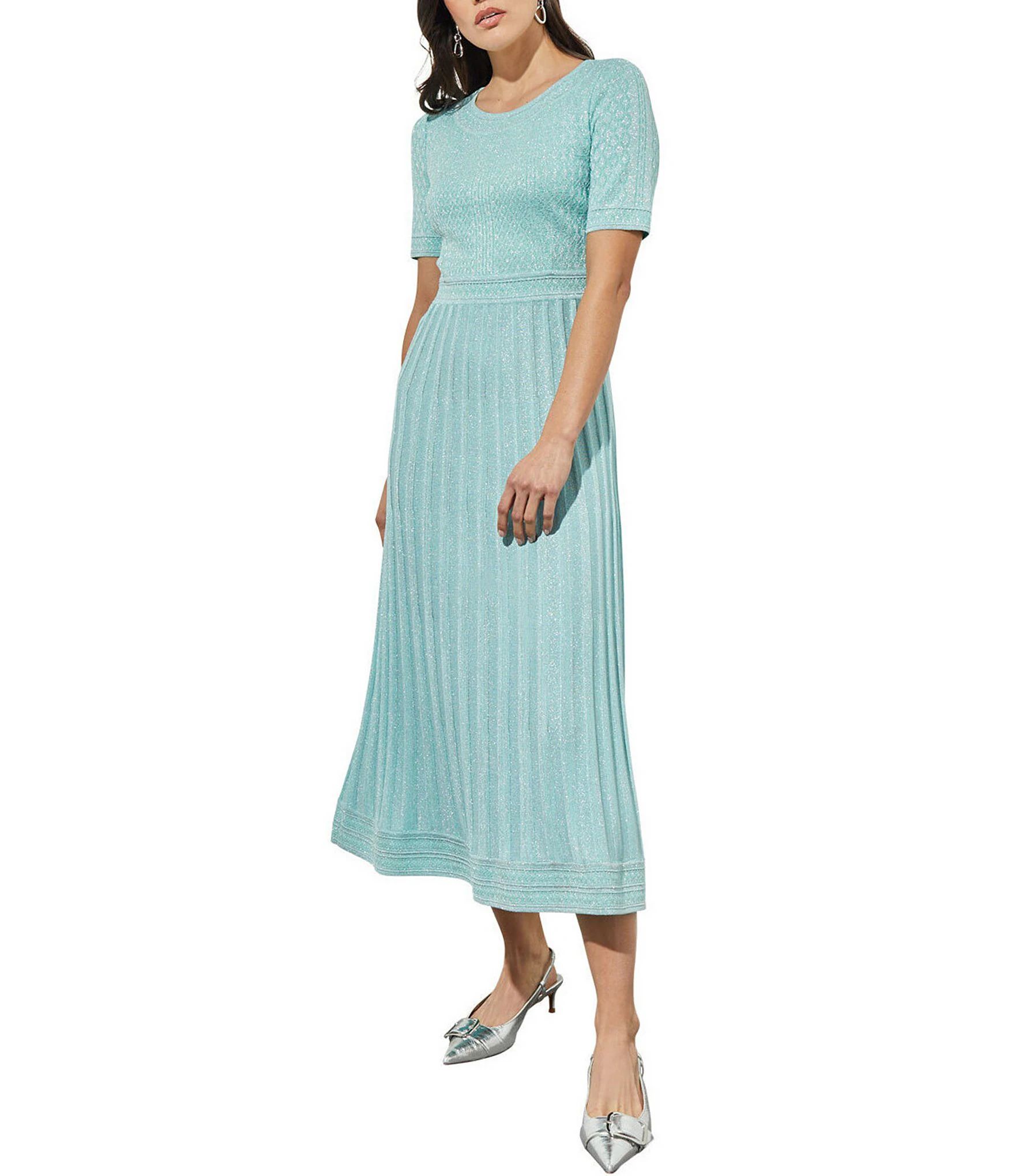 Metallic Jacquard Soft Knit Round Neck Short Sleeve Pleated A-Line Maxi Dress | Dillard's