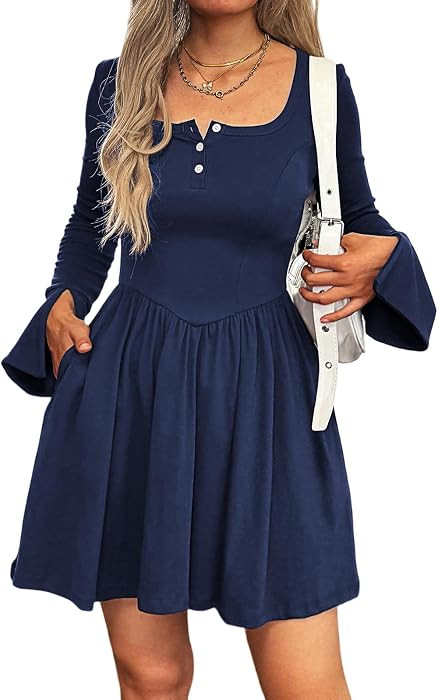 Mieazom Women Bell Long Sleeve Square Neck Pleated Fall Dresses & Pockets | Amazon (US)