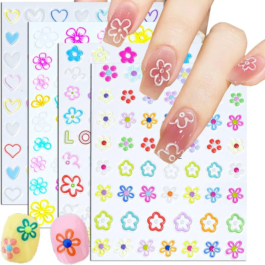 4 Sheets Flower Nails Art Stickers Decals with Colorful Cute Flowers Daisy Self-Adhesive Nail Art... | Amazon (US)