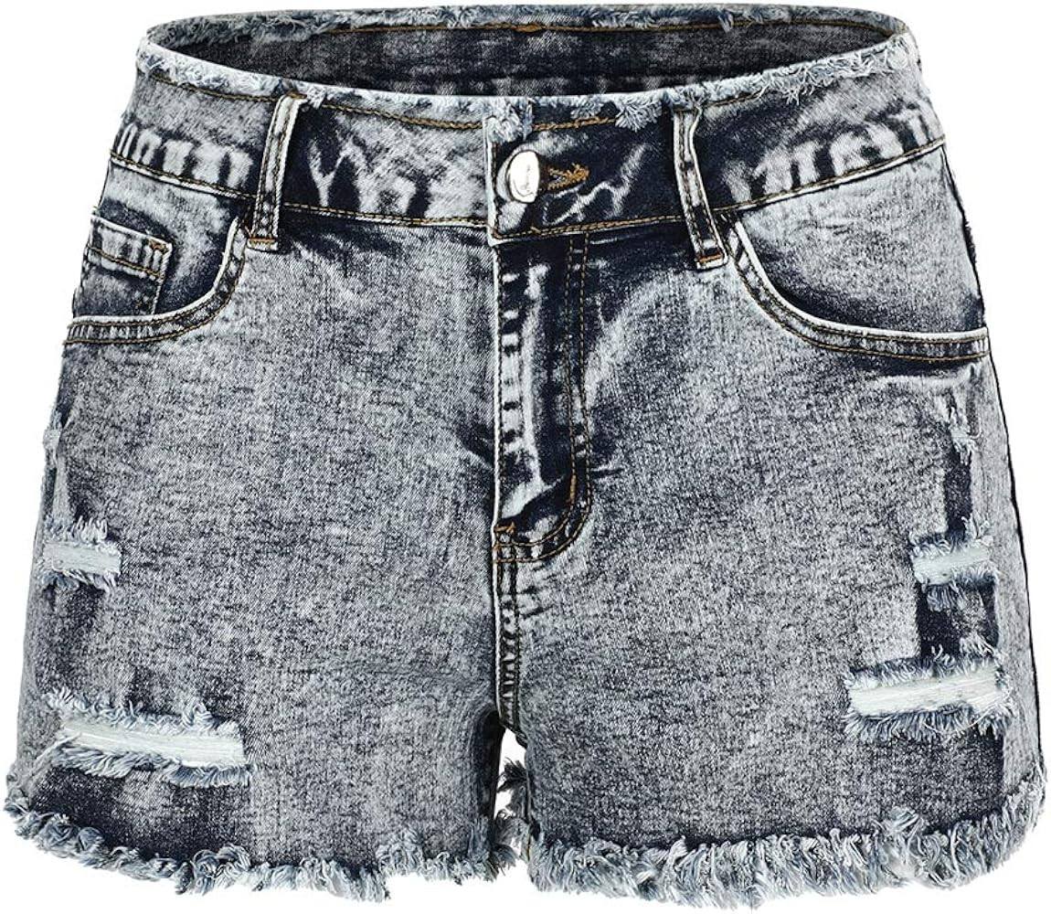 THUNDER STAR Ripped Jean Shorts for Women Mid Rise Frayed Raw Hem Stretchy Denim Shorts | Amazon (US)