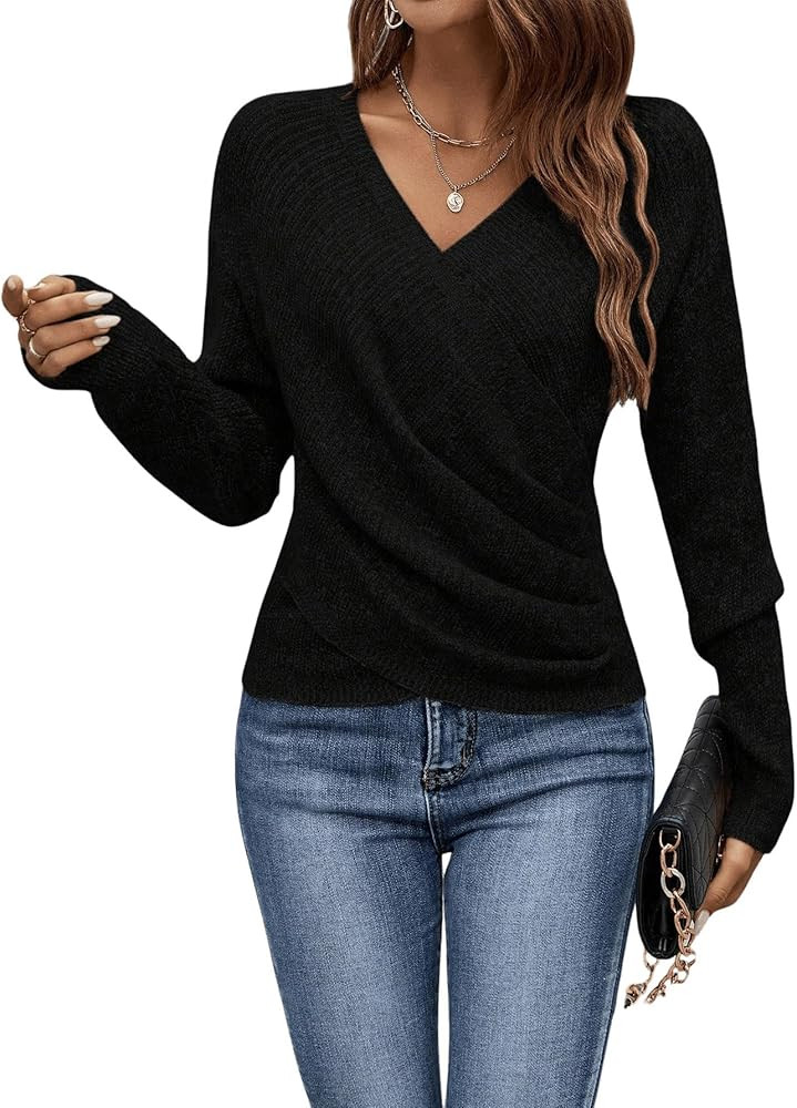 SOLY HUX Women's V Neck Long Sleeve Off Shoulder Sweaters Criss Cross Wrap Ruched Pullover Fall T... | Amazon (US)