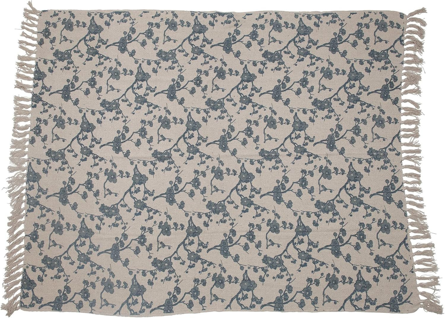 Bloomingville Recycled Cotton Blend Printed Neutral Cream and Blue Floral Print & Fringe Throw, N... | Amazon (US)
