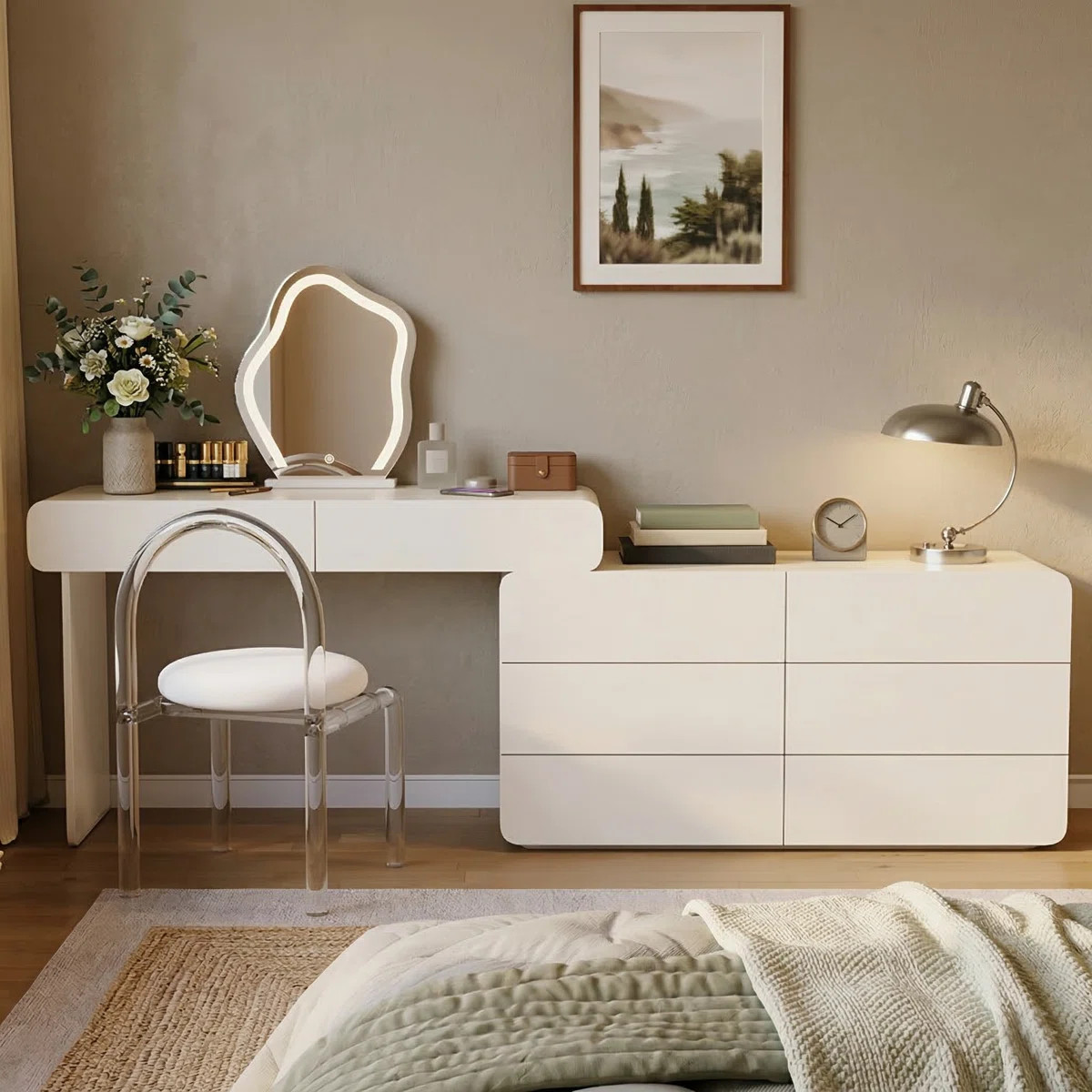 Easy Installation Extendable 47.24''\u201390'' Makeup Vanity, Modern Vanity Desk with 8 Storage D... | Wayfair North America