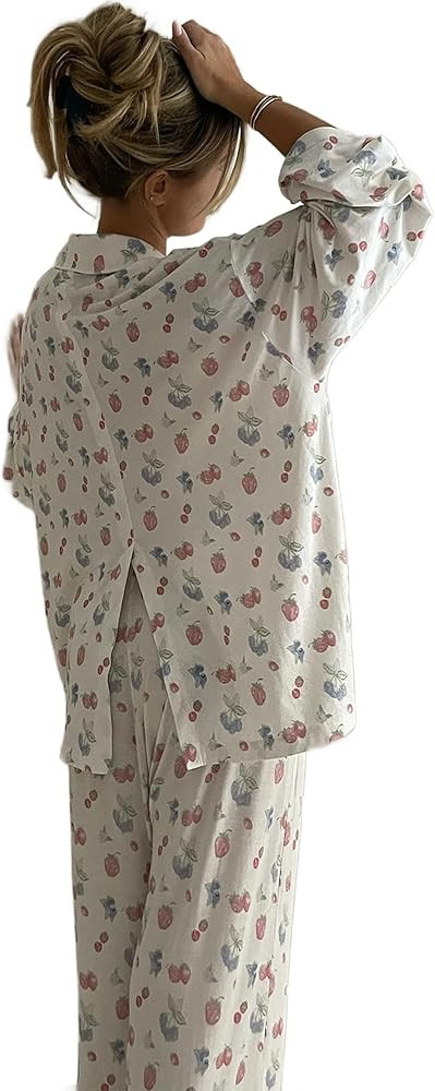 VOIKERDR Women 2 Piece Print Lounge Set Long Sleeve Button Down Shirt Wide Leg Pants Matching Set... | Amazon (US)