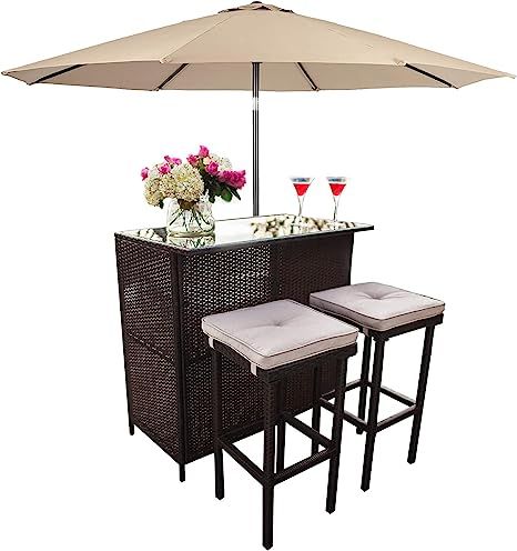 SUNCROWN Outdoor Bar Set 3-Piece Rattan Wicker Patio Furniture, Glass Bar and Two Stools with Cus... | Amazon (US)