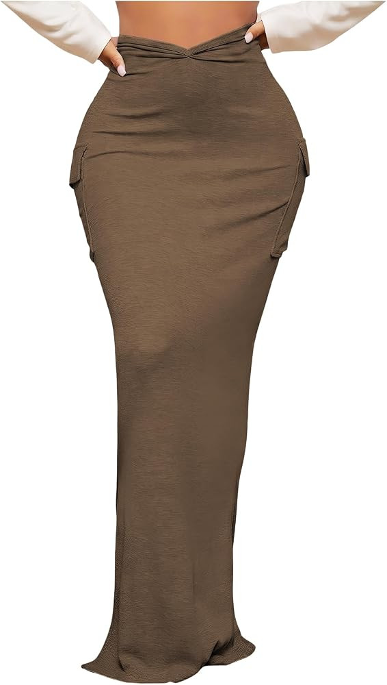 SOLY HUX Women's High Waisted Pocket Side Split Hem Bodycon Pencil Skirt Long Maxi Skirts | Amazon (US)