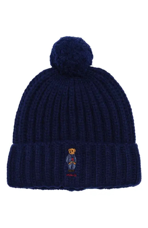 Polo Ralph Lauren Denim Bear Pompom Beanie in Hunter Navy at Nordstrom | Nordstrom