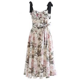 Pink Peony Blossom Tie-Strap A-Line Midi Dress | Chicwish