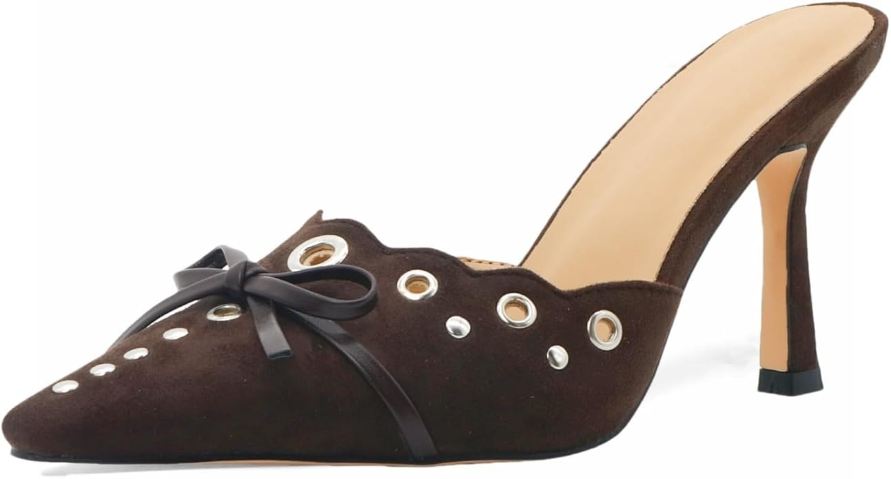 Kitten Heels for Women Pointed Toe Heels Studded Slip On Bow Heels Mules Faux Suede Sandals Kitte... | Amazon (US)