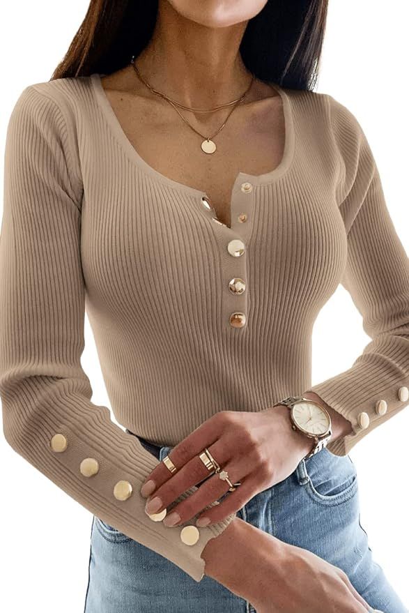 Klousilover Womens Sweaters Fall Sexy Long Sleeve Slim Fit Shirts Basic Solid Ribbed Knit Buttons... | Amazon (US)