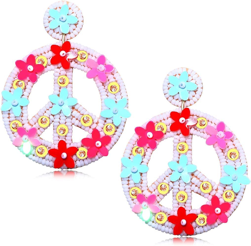 Beaded Dangle Earrings for Women Peace Sign Dangling Statement Circle Flower Wheel Hoop Drop Earring | Amazon (US)