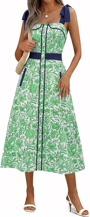 Wenrine Womens Summer Floral Midi Dress Casual Tie Strap Sleeveless Smocked Button Boho Flowy Bea... | Amazon (US)