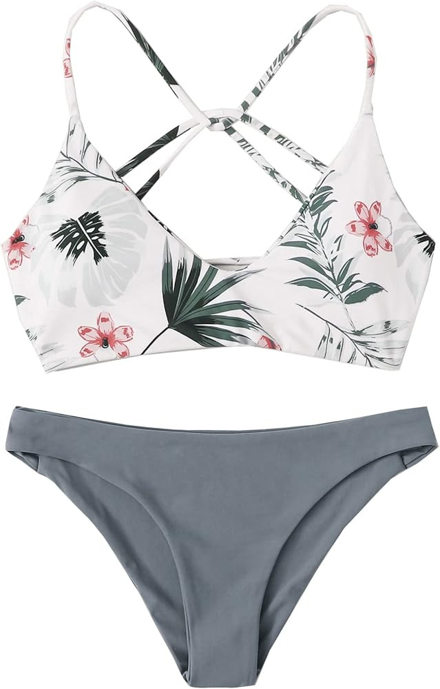 SweatyRocks Women's Sexy Bathing Suit Floral Print Cross Back Bikini Set Swimsuits | Amazon (US)