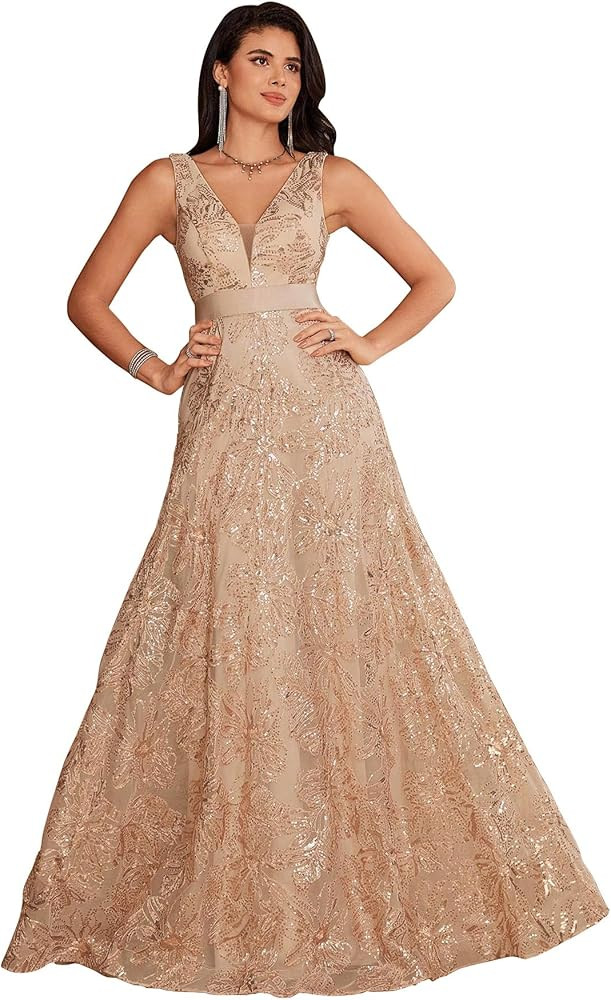 Sleeveless Glitter Sequined Womens Long Formal Gown Aline Prom Dress for Anchorwoman Floor Length... | Amazon (US)