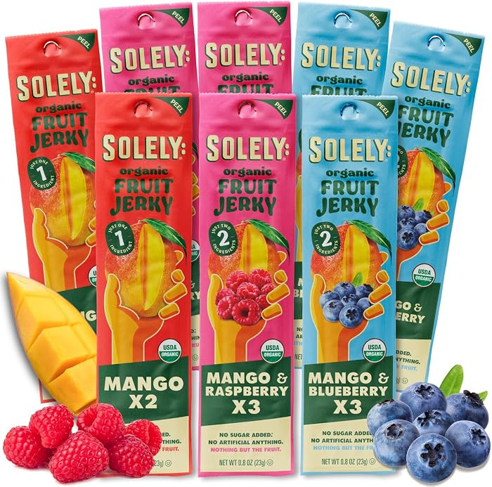 SOLELY - Organic Fruit Jerky Variety Pack - 8 Flavors, 8 Individually Wrapped Strips - Fruit Leat... | Amazon (US)