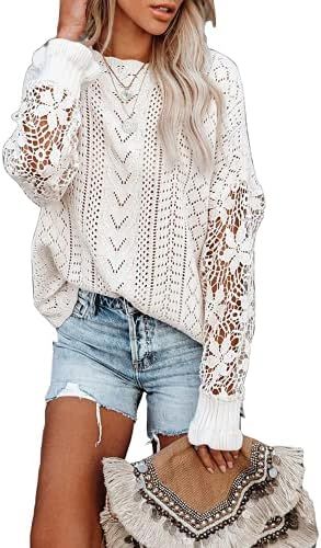 MIHOLL Women's Lace Crochet Sweater Long Sleeve Crewneck Knit Sweaters Jumper Tops | Amazon (US)