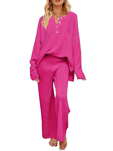 MEROKEETY Women's Two Piece Outfits Sweater Set Long Sleeve Knit Pullover Top and Pants Loungewear Sets Rose X-Large | Amazon (US)