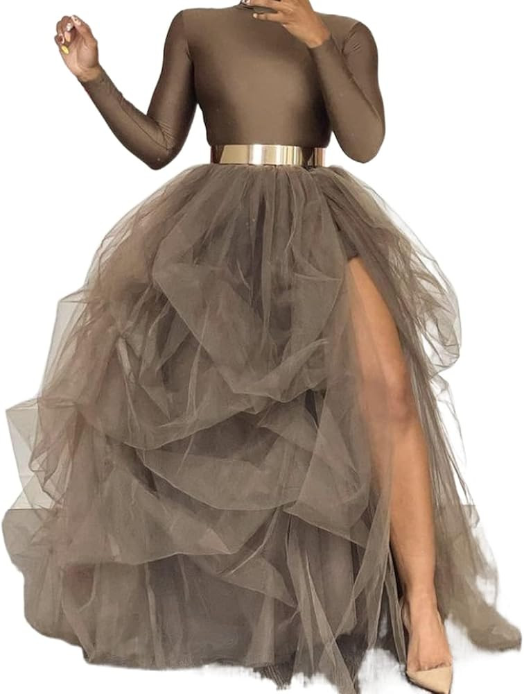 Women's Tulle Maxi Skirt Floor Length Layered Elastic High Waist Split Skirt A-Line Puffy Lace Me... | Amazon (US)