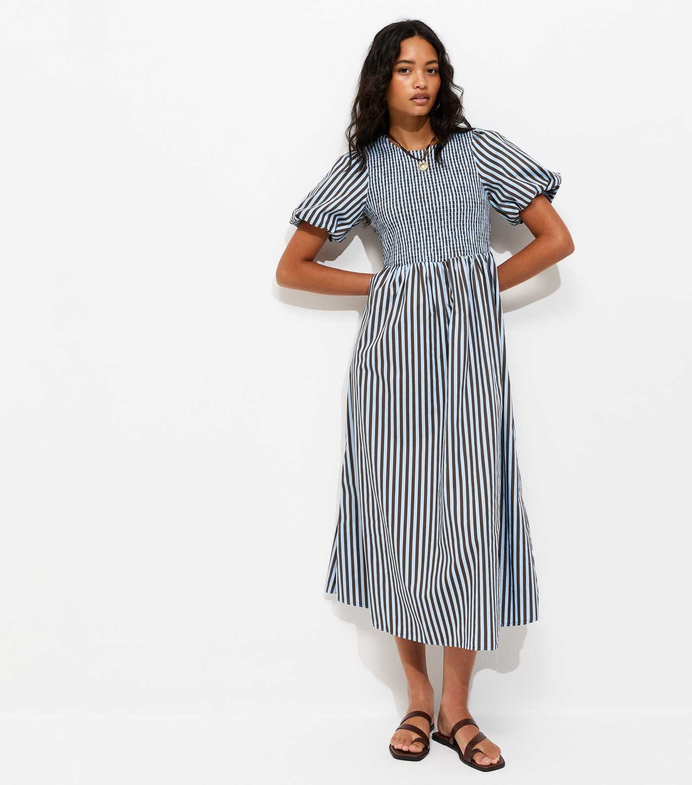 Blue Cotton Striped Shirred Midi Dress | New Look | New Look (UK)