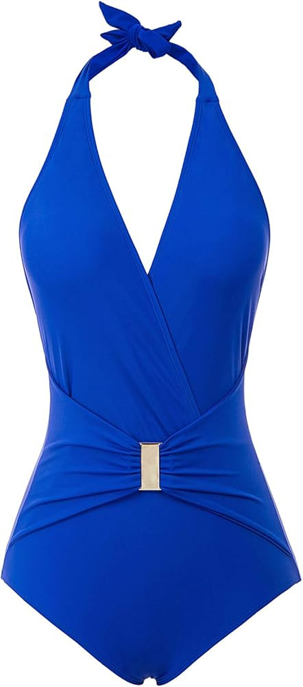 GRACE KARIN Women's Halter One Piece Swimsuit V Neck Tummy Control Swimwear Stripe Monokini Bathi... | Amazon (US)