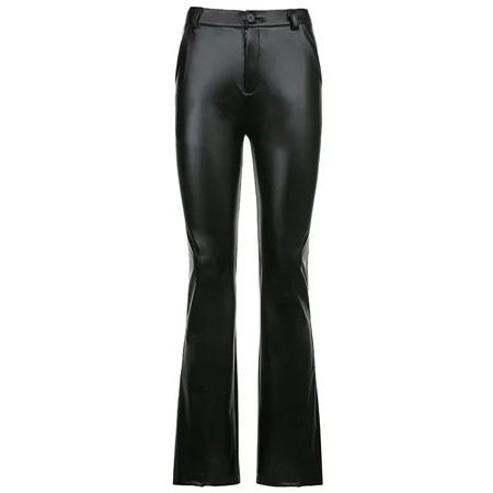 Miarhb Women s Wolid Color Slim High Waist Solid Color Leather Pants Wide Leg Pants Black/L | Walmart (US)