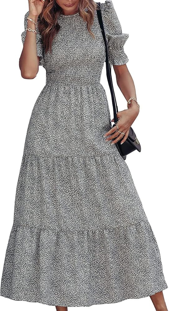 BTFBM Women Casual Summer Dresses 2023 Spring Crew Neck Ruffle Short Sleeve Floral Leopard Smocked B | Amazon (US)