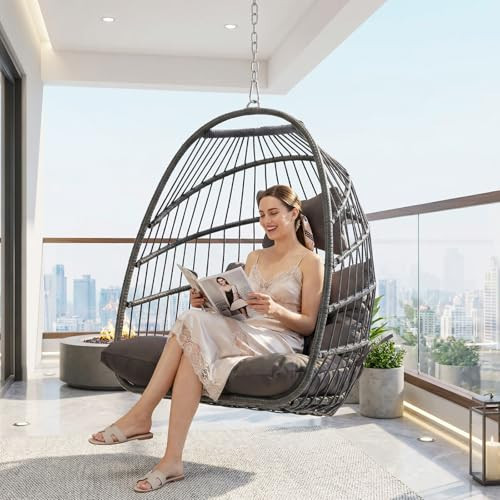 BULEXYARD Hanging Egg Chair Without Stand 350lbs Capacity, Grey Wicker Swing Egg Chair with Dark Grey Cushion for Indoor/Outdoor Patio Porch Balcony, Foldable Hammock & Tree/Ceiling/Beam Mount | Amazon (US)