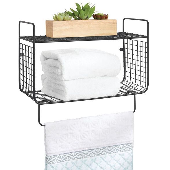 mDesign 2 Tier Storage Organizer Bath Shelf with Towel Bar, Wall Mount | Target