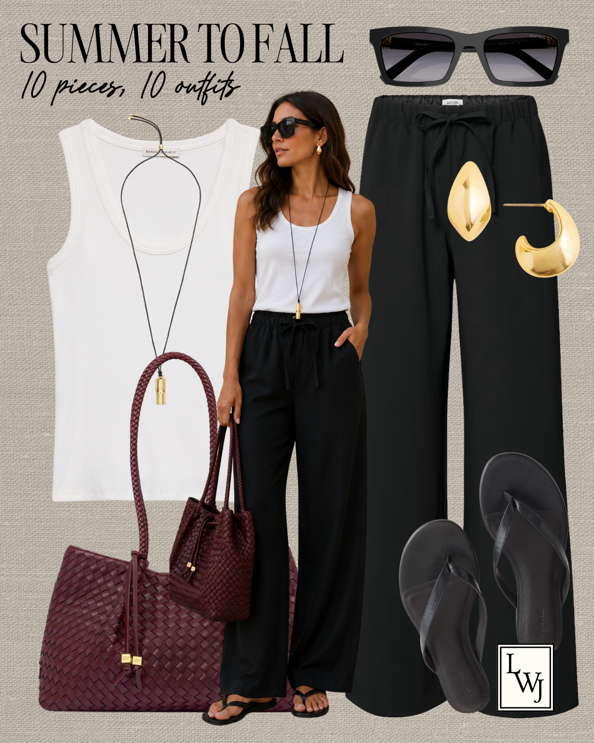 transitional summer outfits 

casual chic style / style over 30 / mom outfits / outfit inspo / scoopneck tank top / aritzia lodge pants crepette / katie loxton tote bag / miu miu sunglasses / minimal sandals

#LTKootd #LTKSeasonal